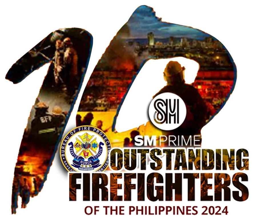 Key visual of the 2024 Search for the Ten Outstanding Firefighters of the Philippines, a 10 filled with firefighting photos, with the SM Prime and Bureau of Fire Protection marks